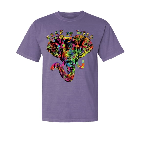 Wild Bobby, Keep It Wild Colorful Elephant Face, Animal Lover, Garment-Dyed Washed Look Short Sleeve T-Shirt, Purple, Medium