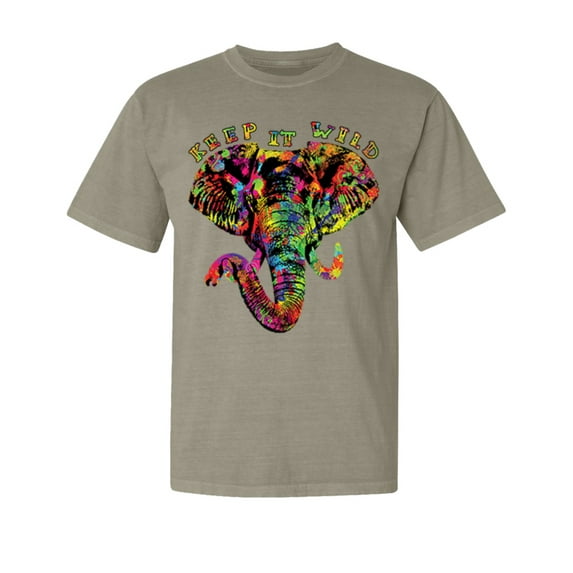 Wild Bobby, Keep It Wild Colorful Elephant Face, Animal Lover, Garment-Dyed Washed Look Short Sleeve T-Shirt, Sand, Large