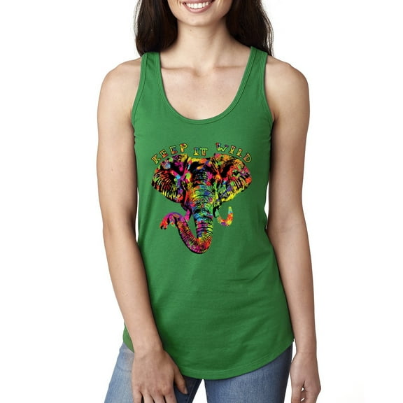 Wild Bobby, Keep It Wild Colorful Elephant Face Animal Lover Ladies Racerback Tank Top, Kelly, Small