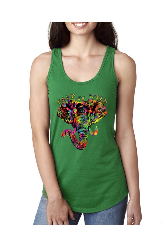, Keep It Wild Colorful Elephant Face Animal Lover Ladies Racerback Tank Top, Kelly, Small