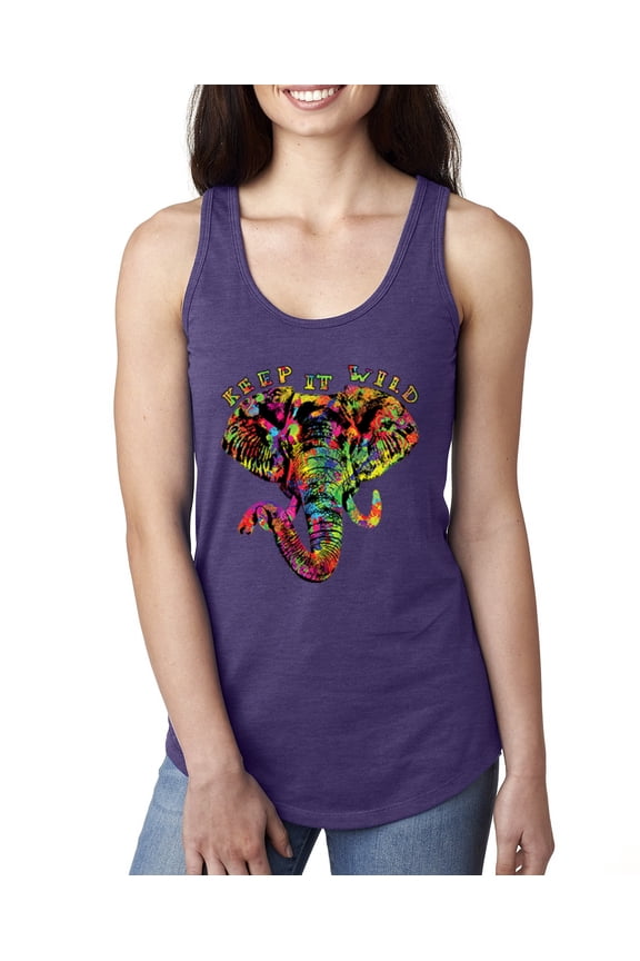 , Keep It Wild Colorful Elephant Face Animal Lover Ladies Racerback Tank Top, Purple Rush, X-Large