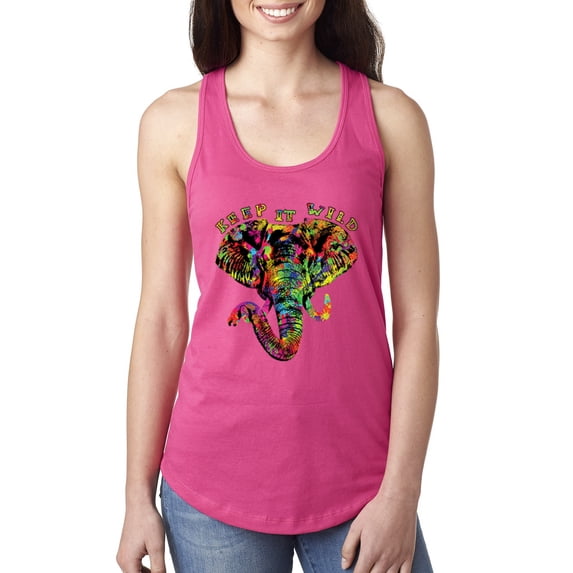 Wild Bobby, Keep It Wild Colorful Elephant Face Animal Lover Ladies Racerback Tank Top, Raspberry, Small
