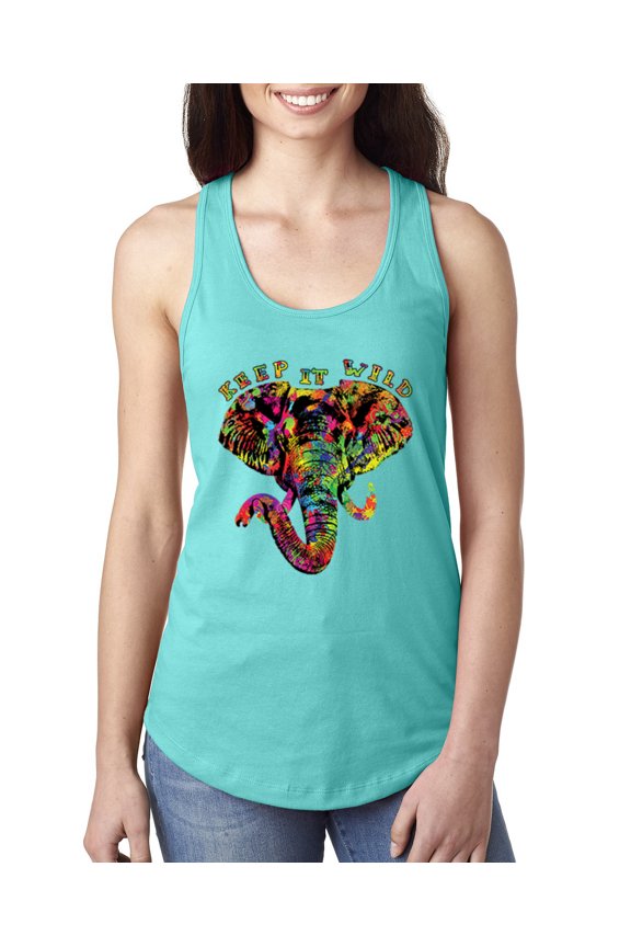 , Keep It Wild Colorful Elephant Face Animal Lover Ladies Racerback Tank Top, Tahiti Blue, X-Large