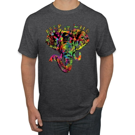 Wild Bobby, Keep It Wild Colorful Elephant Face Animal Lover Men's Graphic T-Shirt, Heather Black, Large