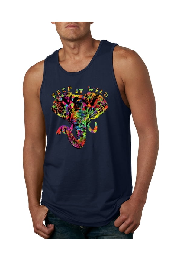 , Keep It Wild Colorful Elephant Face Animal Lover Mens Graphic Tank Top, Navy, Large