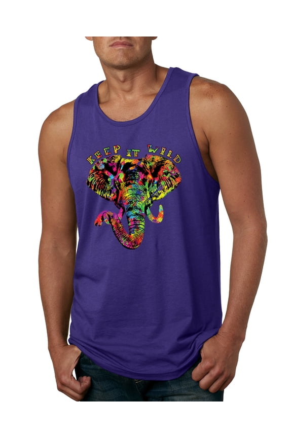 , Keep It Wild Colorful Elephant Face Animal Lover Mens Graphic Tank Top, Purple, Medium