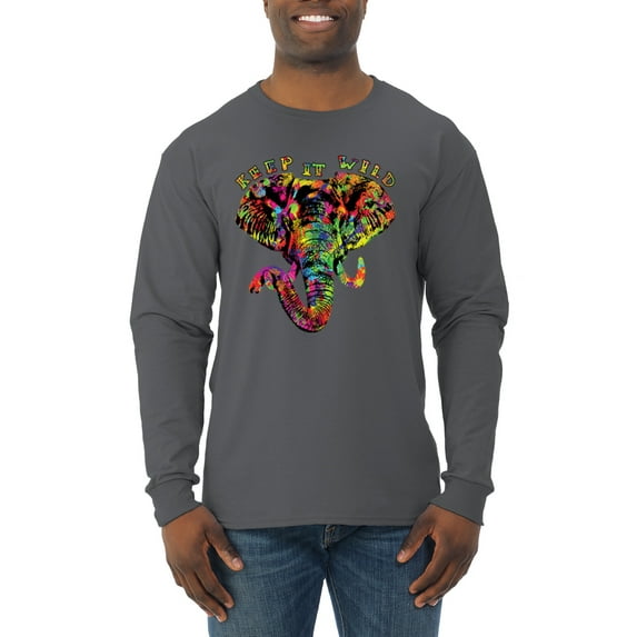Wild Bobby, Keep It Wild Colorful Elephant Face Animal Lover Mens Long Sleeve Shirt, Charcoal, Medium