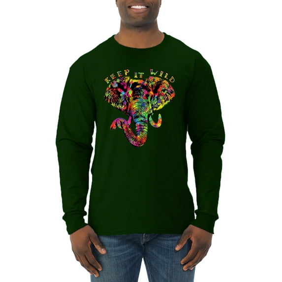 Wild Bobby, Keep It Wild Colorful Elephant Face Animal Lover Mens Long Sleeve Shirt, Forest Green, X-Large