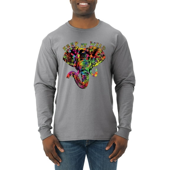 Wild Bobby, Keep It Wild Colorful Elephant Face Animal Lover Mens Long Sleeve Shirt, Heather Grey, 2XL