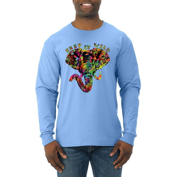 Wild Bobby, Keep It Wild Colorful Elephant Face Animal Lover Mens Long Sleeve Shirt, Light Blue, Medium