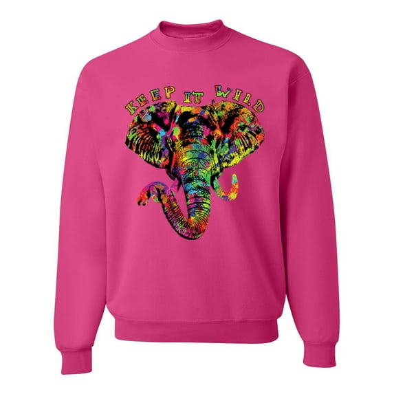 Wild Bobby, Keep It Wild Colorful Elephant Face Animal Lover Unisex Crewneck Graphic Sweatshirt, Fuschia, Medium