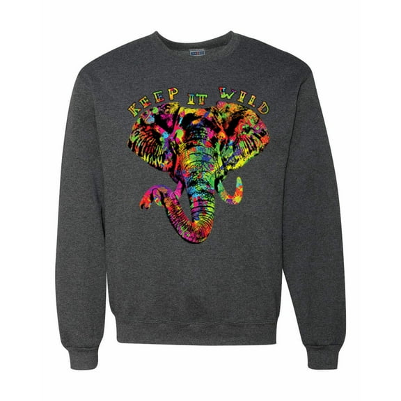 Wild Bobby, Keep It Wild Colorful Elephant Face Animal Lover Unisex Crewneck Graphic Sweatshirt, Heather Black, Medium