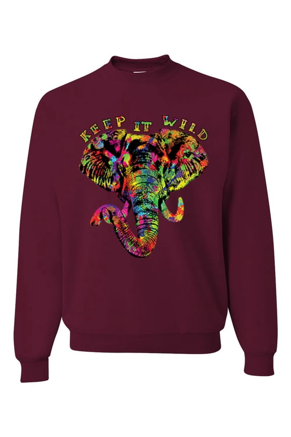 , Keep It Wild Colorful Elephant Face Animal Lover Unisex Crewneck Graphic Sweatshirt, Maroon, Medium