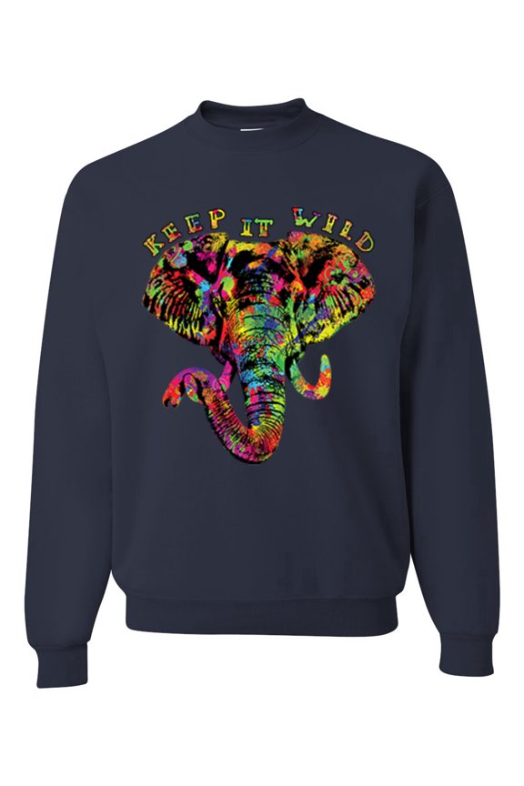 , Keep It Wild Colorful Elephant Face Animal Lover Unisex Crewneck Graphic Sweatshirt, Navy, Large