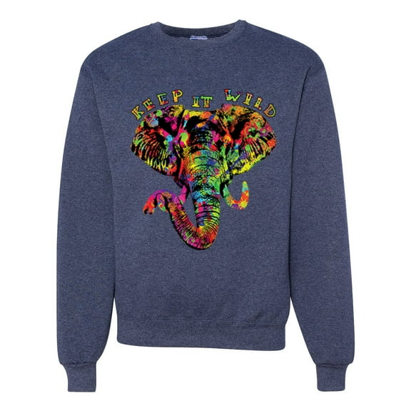 Wild Bobby, Keep It Wild Colorful Elephant Face Animal Lover Unisex Crewneck Graphic Sweatshirt, Vintage Heather Navy, Large