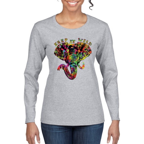 Wild Bobby, Keep It Wild Colorful Elephant Face Animal Lover Womens Graphic Long Sleeve T-Shirt, Heather Grey, 2XL