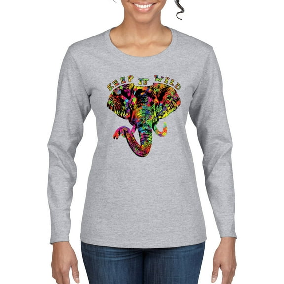 Wild Bobby, Keep It Wild Colorful Elephant Face Animal Lover Womens Graphic Long Sleeve T-Shirt, Heather Grey, Small
