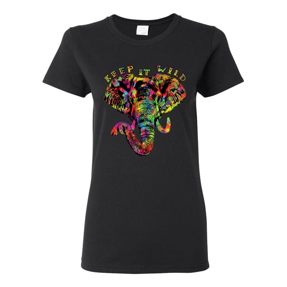 Wild Bobby, Keep It Wild Colorful Elephant Face Animal Lover Womens Graphic T-Shirt, Black, Small
