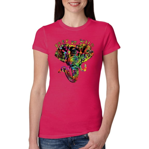 Wild Bobby, Keep It Wild Colorful Elephant Face Animal Lover Womens Slim Fit Junior Tee, Raspberry, Large