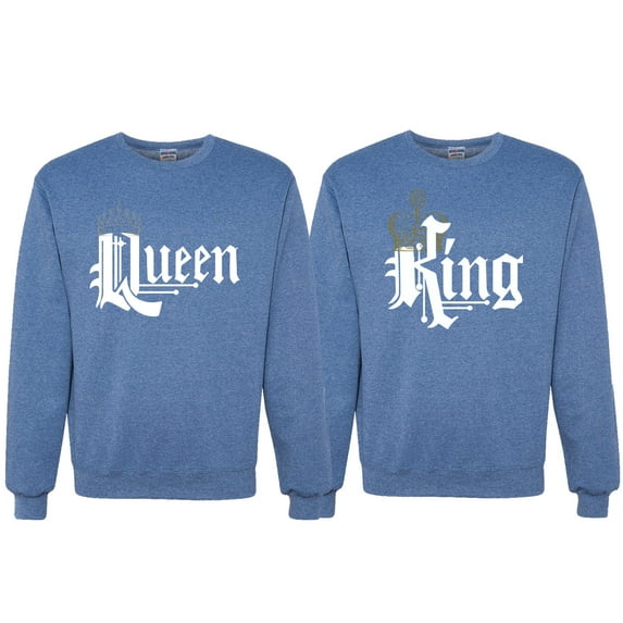 Wild Bobby, King And Queen Matching Valentines Day Outfit His and Hers Matching Couples Crewneck Sweatshirts, Vintage Heather Blue, Mens M-Womens 3XL