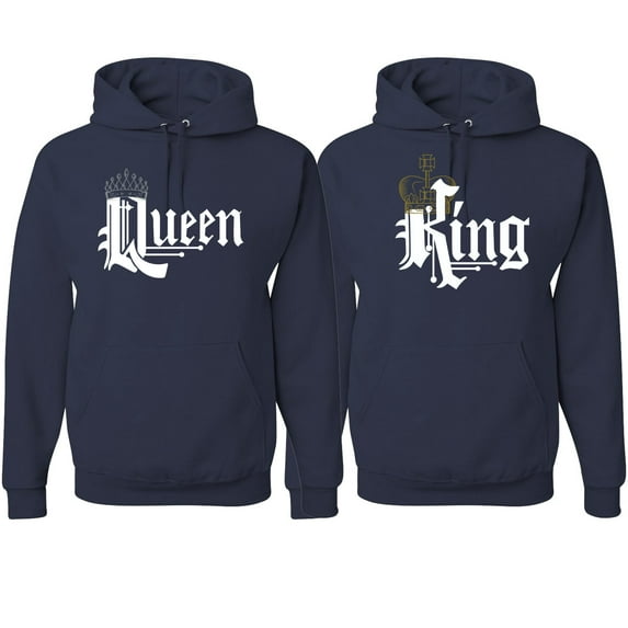 Wild Bobby, King And Queen Matching Valentines Day Outfit His and Hers Matching Couples Hoodie Sweatshirts, Navy, Mens M-Womens S