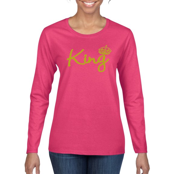 Wild Bobby, King Gold Script, Pop Culture, Women Graphic Long Sleeve Tee, Fuschia, Small