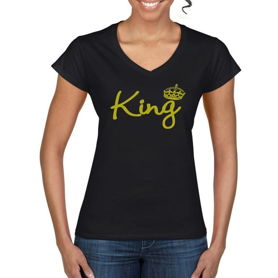 Wild Bobby, King Gold Script, Pop Culture, Women Standard V-Neck Tee, Black, Small