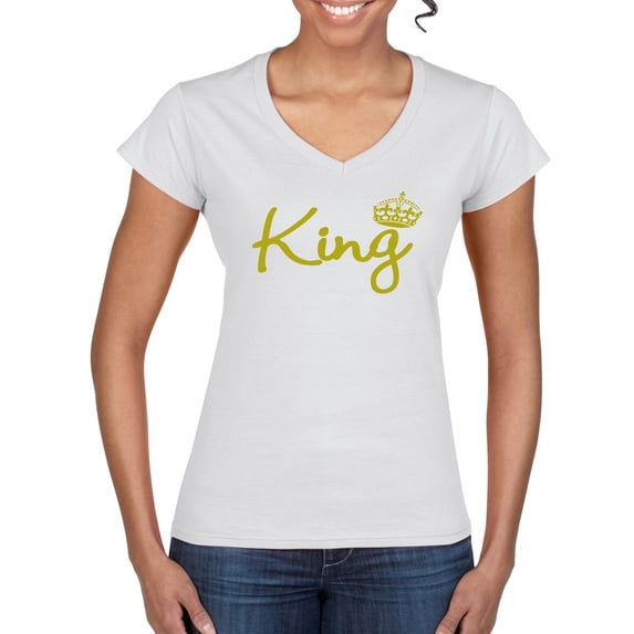Wild Bobby, King Gold Script, Pop Culture, Women Standard V-Neck Tee, White, Small