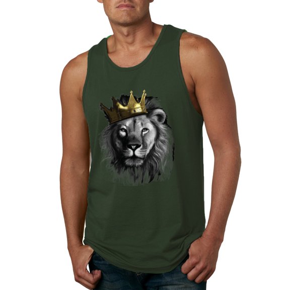 Wild Bobby, King Lion with Gold Crown Art, Animal Lover, Men Graphic Tank Top, Forest Green, Medium
