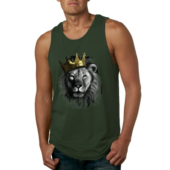 Wild Bobby, King Lion with Gold Crown Art, Animal Lover, Men Graphic Tank Top, Forest Green, Small