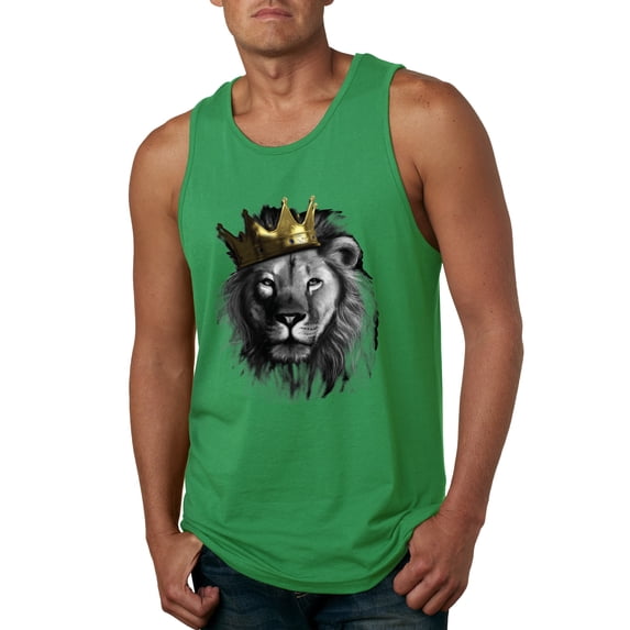 Wild Bobby, King Lion with Gold Crown Art, Animal Lover, Men Graphic Tank Top, Kelly, Medium
