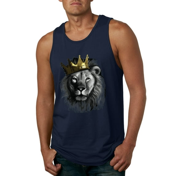 Wild Bobby, King Lion with Gold Crown Art, Animal Lover, Men Graphic Tank Top, Navy, X-Large
