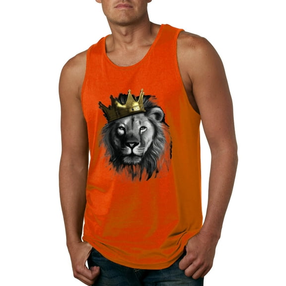 Wild Bobby, King Lion with Gold Crown Art, Animal Lover, Men Graphic Tank Top, Orange, Small