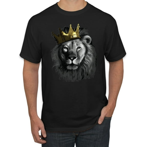 Wild Bobby, King Lion with Gold Crown Art, Animal Lover, Men Graphic Tee, Black, 5X-Large