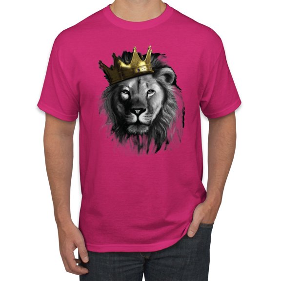 Wild Bobby, King Lion with Gold Crown Art, Animal Lover, Men Graphic Tee, Fuschia, Medium