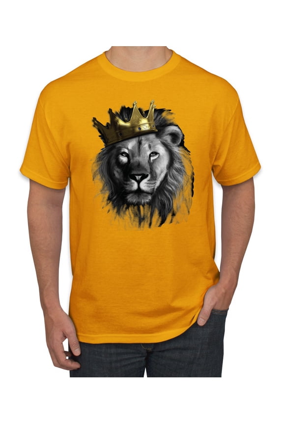 , King Lion with Gold Crown Art, Animal Lover, Men Graphic Tee, Gold, Medium