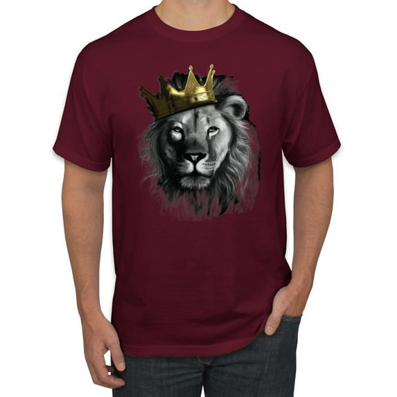 Wild Bobby, King Lion with Gold Crown Art, Animal Lover, Men Graphic Tee, Maroon, 5X-Large