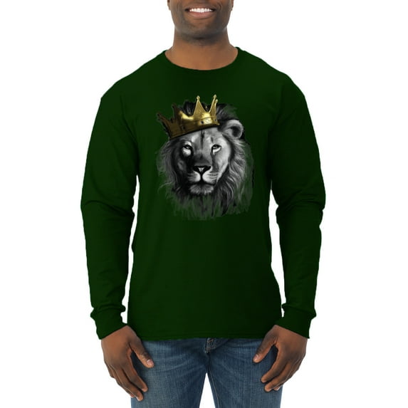 Wild Bobby, King Lion with Gold Crown Art, Animal Lover, Men Long Sleeve Shirt, Forest Green, Medium