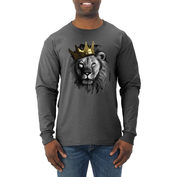 Wild Bobby, King Lion with Gold Crown Art, Animal Lover, Men Long Sleeve Shirt, Heather Black, XX-Large