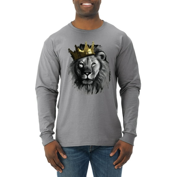 Wild Bobby, King Lion with Gold Crown Art, Animal Lover, Men Long Sleeve Shirt, Heather Grey, Large