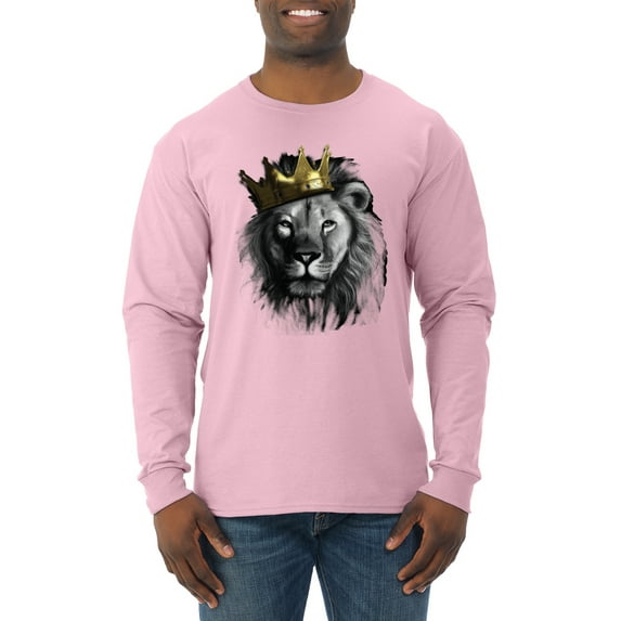Wild Bobby, King Lion with Gold Crown Art, Animal Lover, Men Long Sleeve Shirt, Light Pink, Small