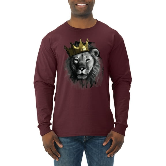 Wild Bobby, King Lion with Gold Crown Art, Animal Lover, Men Long Sleeve Shirt, Maroon, Large