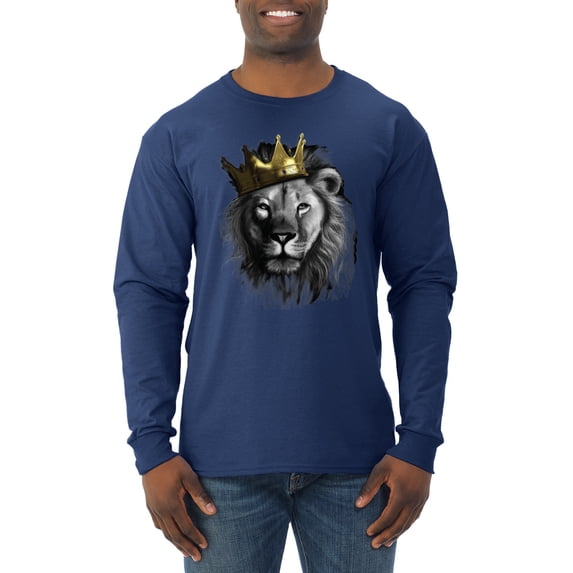 Wild Bobby, King Lion with Gold Crown Art, Animal Lover, Men Long Sleeve Shirt, Navy, XX-Large