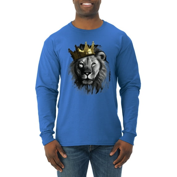 Wild Bobby, King Lion with Gold Crown Art, Animal Lover, Men Long Sleeve Shirt, Royal, Small