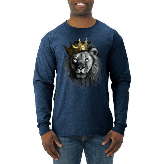 Wild Bobby, King Lion with Gold Crown Art, Animal Lover, Men Long Sleeve Shirt, Vintage Heather Navy, Small