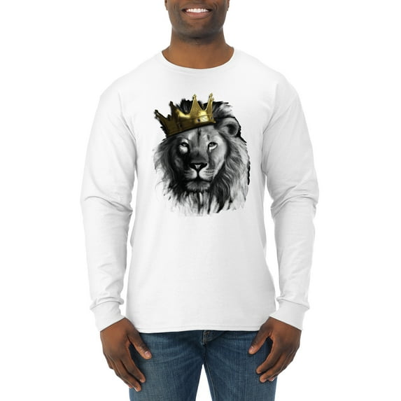 Wild Bobby, King Lion with Gold Crown Art, Animal Lover, Men Long Sleeve Shirt, White, XX-Large