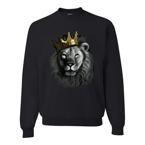 Wild Bobby, King Lion with Gold Crown Art, Animal Lover, Unisex Crewneck Graphic Sweatshirt, Black, Small