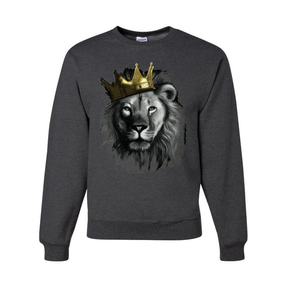 Wild Bobby, King Lion with Gold Crown Art, Animal Lover, Unisex Crewneck Graphic Sweatshirt, Heather Black, X-Large