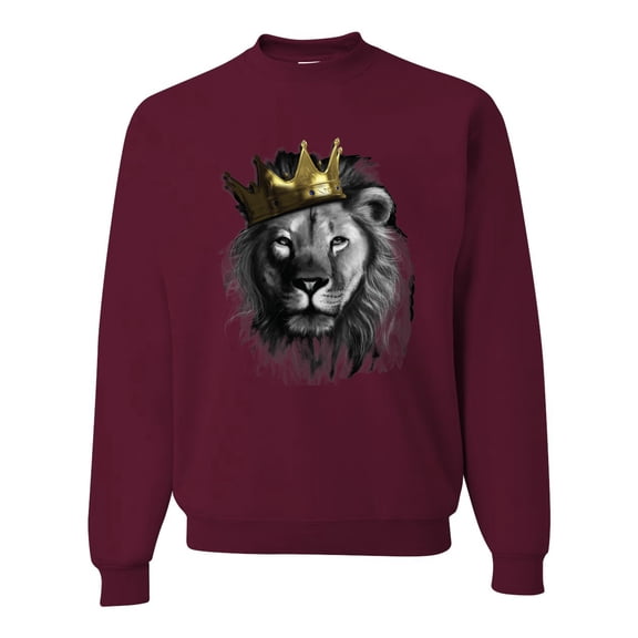 Wild Bobby, King Lion with Gold Crown Art, Animal Lover, Unisex Crewneck Graphic Sweatshirt, Maroon, X-Large