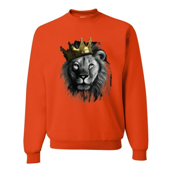 Wild Bobby, King Lion with Gold Crown Art, Animal Lover, Unisex Crewneck Graphic Sweatshirt, Orange, Large
